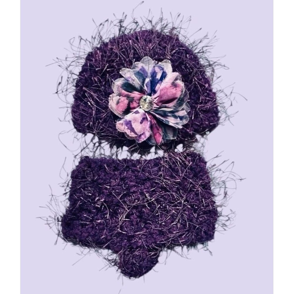 Handmade Fuzzy Knit Baby Photo Prop Diaper Cover And Hat Purple Flower Glam